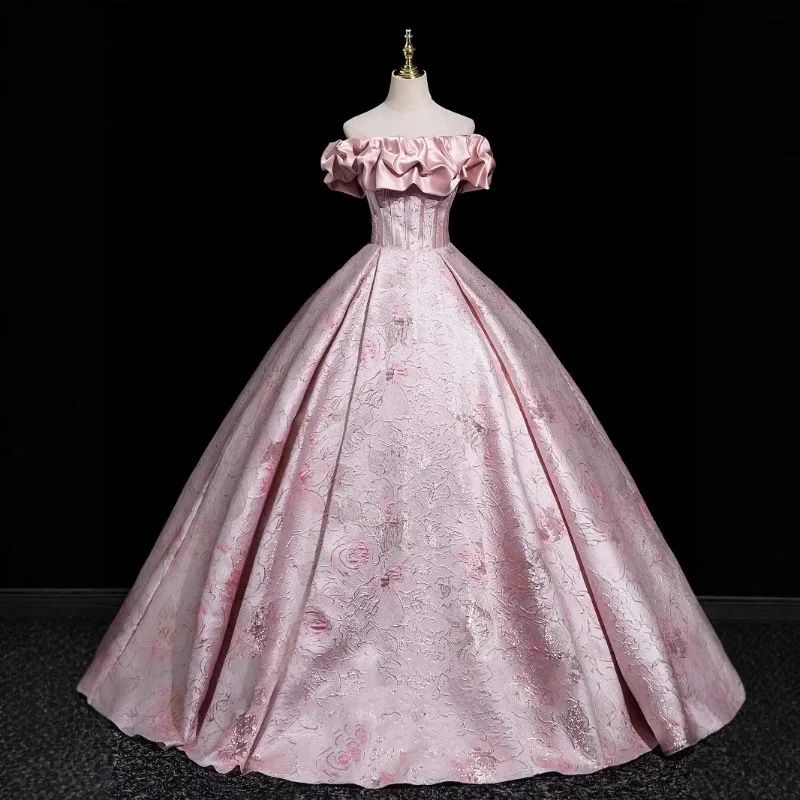 Victorian Women'S Formal Wear - Elegant Pink Off-the-Shoulder Ruffle Neck Lolita