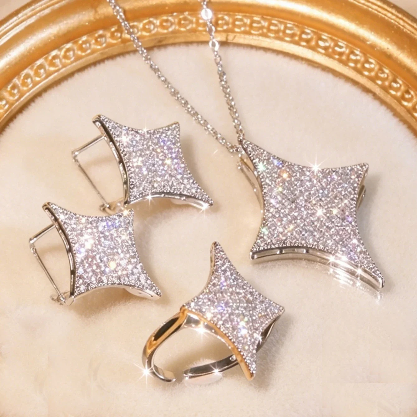 Women'S Formal Day Wear - Three-piece four-star jewelry set featuring fully