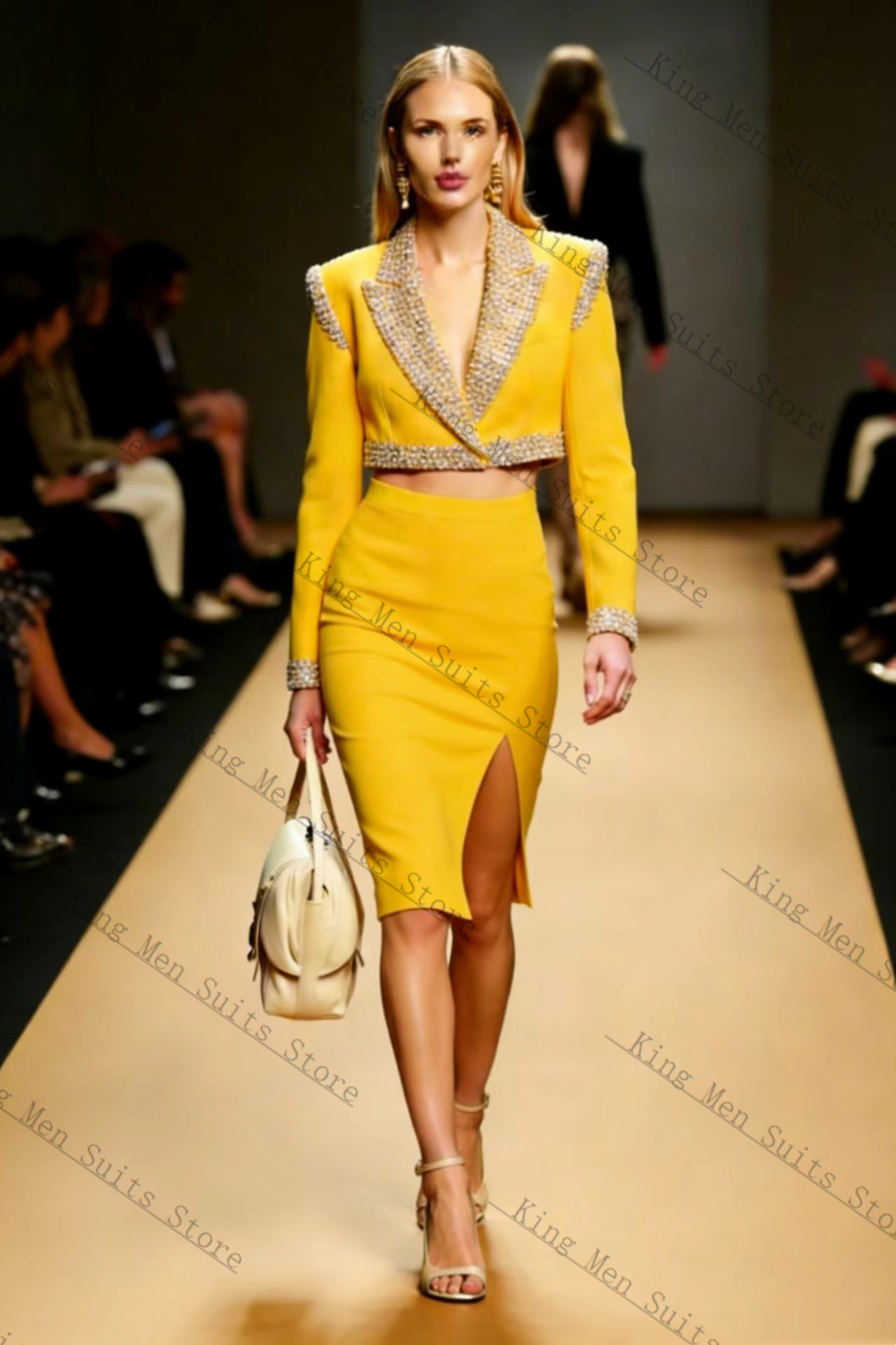 Women'S Formal Wear For A Wedding Guest - Yellow Crystals Women Suit Skirt Set