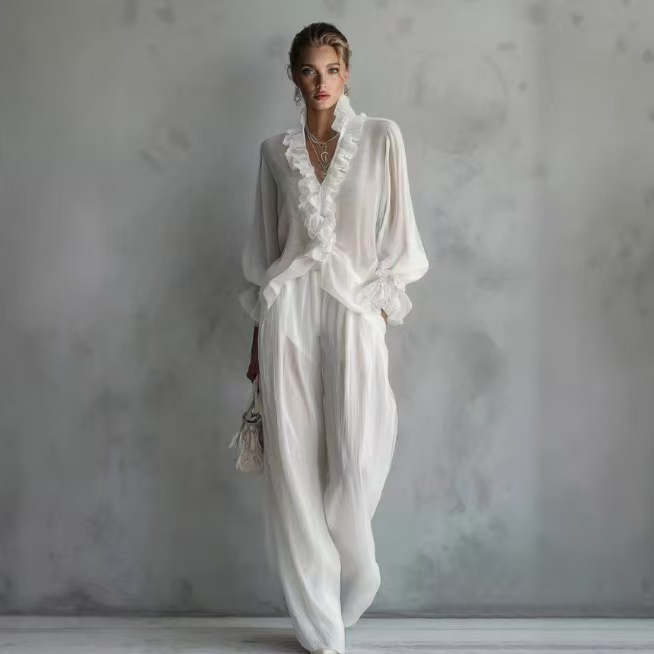 Women'S Formal Wear Blouse - Woman Solid Ruffles Pants Set Sexy