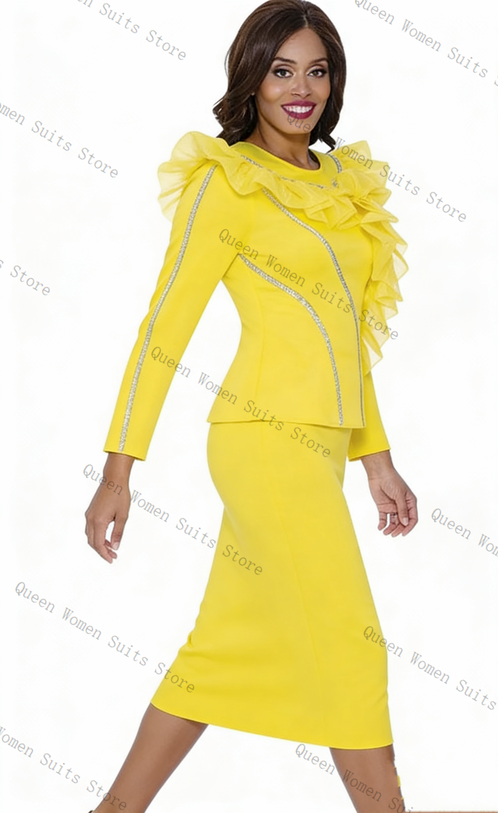 Women'S Formal Wear For A Wedding Guest - Crystals Yellow Women Suit Skirt Set