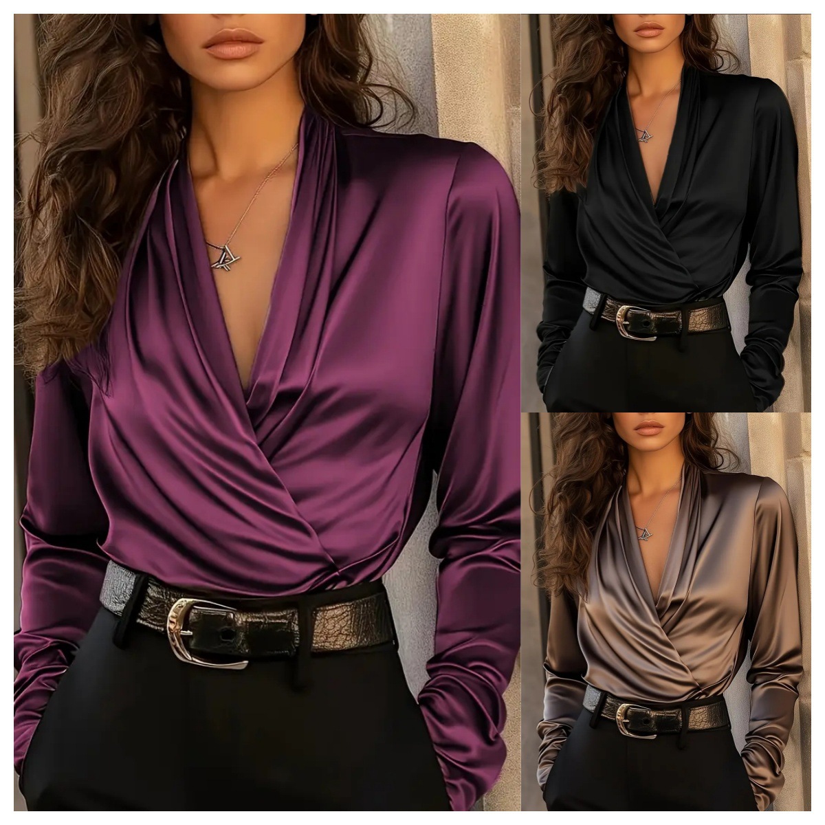 Women's Satin Wrap V Neck Long - Women'S Formal Evening Wear Tops reseña y precio