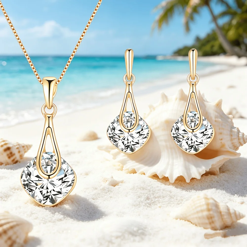2 Pcs Gold Cushion Cut Crystal - Formal Wear Jewelry For Women reseña y precio