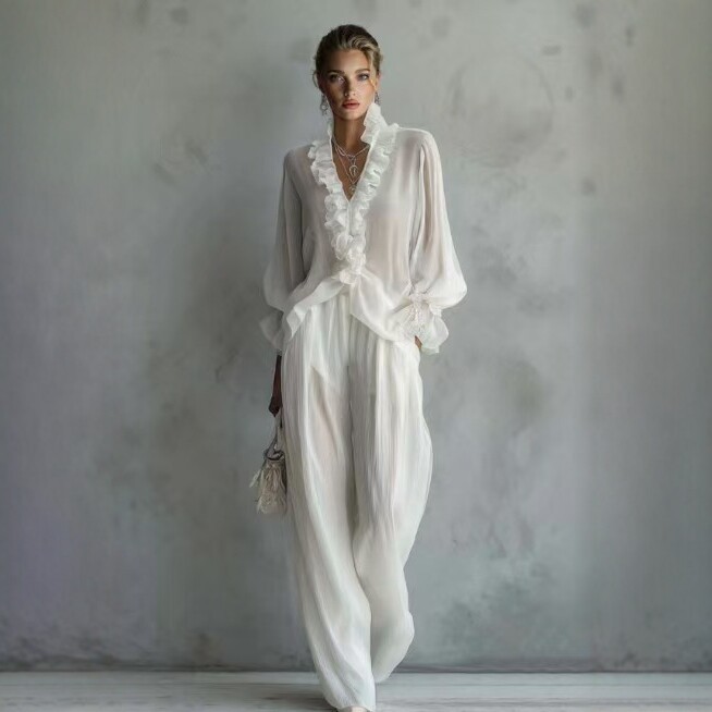 Woman Solid Ruffles Pants Set  - Women'S Formal Wear Blouse reseña y precio