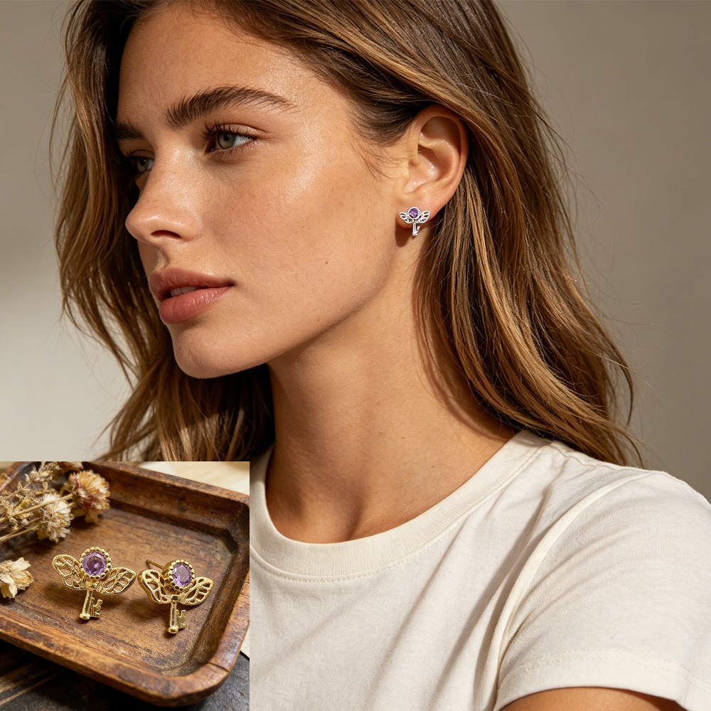 Retro Key Amethyst Stud Earrin - Formal Wear Jewelry For Women reseña y precio
