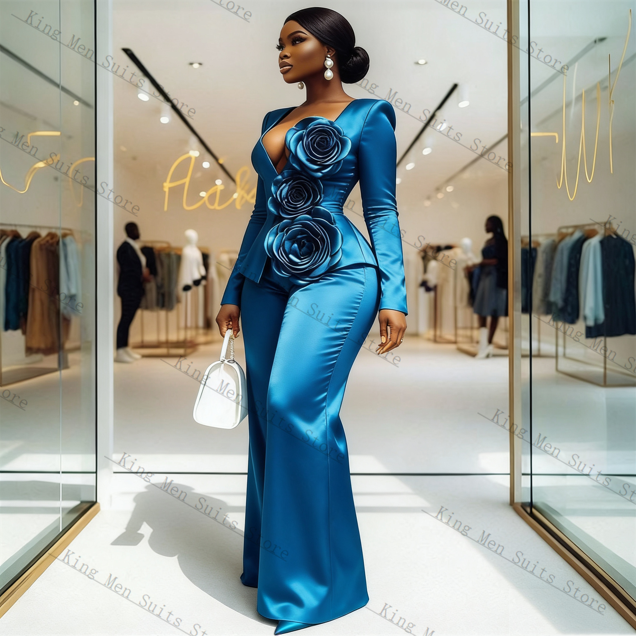 Blue Satin Women Suit Set 2 Pc - Women'S Formal Wear For A Wedding Guest reseña y precio
